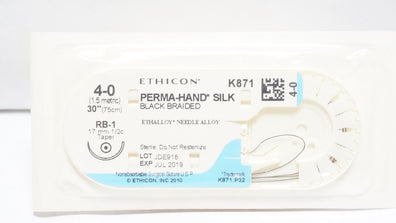 Ethicon K871 4-0 PERMA-HAND SILK, RB-1 17mm 1/2c Taper, Black Braided, 30inch(x)